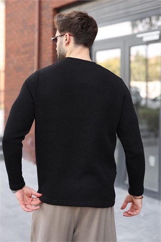 Siyah Bisiklet Yaka Fermuar Detaylı Erkek Triko Sweatshirt E7209