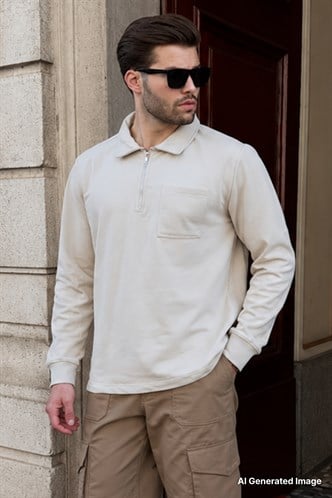 Ekru Polo Yaka Fermuarlı Uzun Kollu Erkek Sweatshirt 7057
