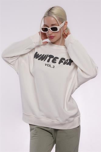 Ekru Bisiklet Yaka Baskılı Sweatshirt MG1904