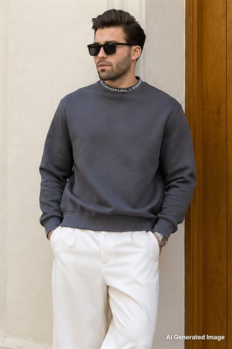 Füme Bisiklet Yaka Şardonlu Erkek Sweatshirt 7047
