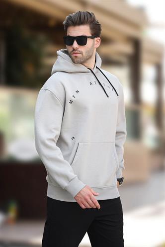 Boyalı Gri Kapüşonlu Cep Detaylı Nakışlı Erkek Sweatshirt 7054