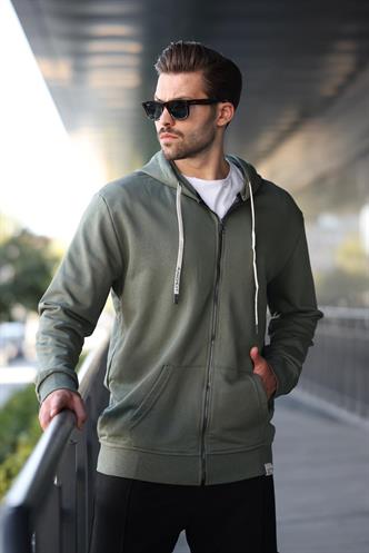 Haki Yeşili Fermuarlı Kapüşonlu Sweatshirt 6161