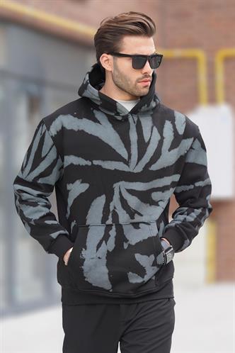 Siyah Kapüşonlu Cep Detaylı Baskılı Erkek Sweatshirt 7087