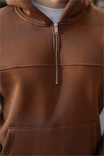 Kahverengi Kanguru Cepli Kapüşonlu Erkek Sweatshirt E7218