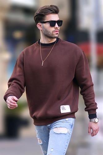 Acı Kahverengi Bisiklet Yaka Oversize Şardonlu Arma Detaylı Erkek Sweatshirt 7043