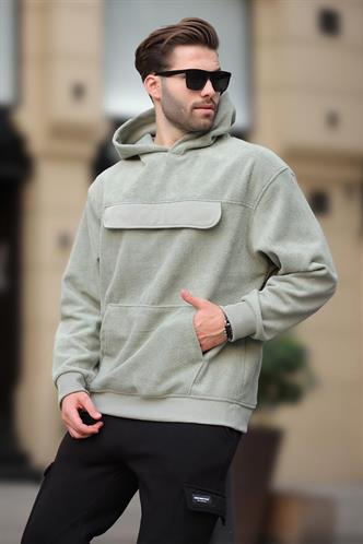 Çağla Yeşili Kapüşonlu Kapaklı Cep Detaylı Polar Erkek Sweatshirt 7097