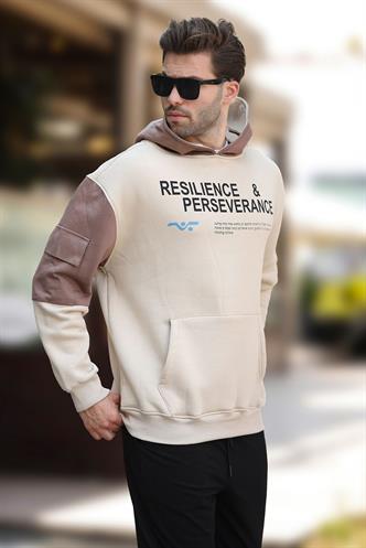 Bej Kapüşonlu Cep Detaylı Baskılı Erkek Sweatshirt 7058