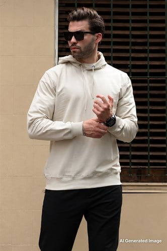 Bej Kapüşonlu Erkek Sweatshirt 7069