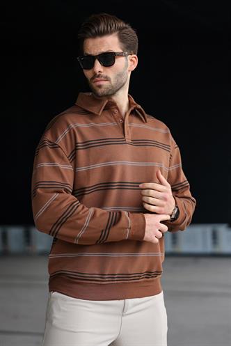 Kahverengi Çizgili Polo Yaka Erkek Sweatshirt E7172