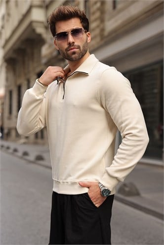 Bej Dik Yaka Yarım Fermuarlı Erkek Sweatshirt E7211