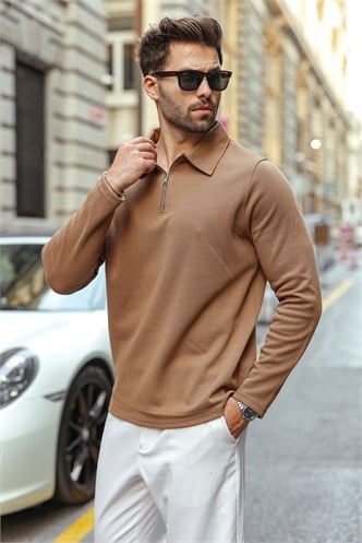 Vizon Yarım Fermuarlı Polo Yaka Dokulu Erkek Sweatshırt E7197