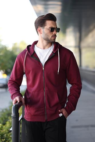 Bordo Fermuarlı Kapüşonlu Sweatshirt 6161