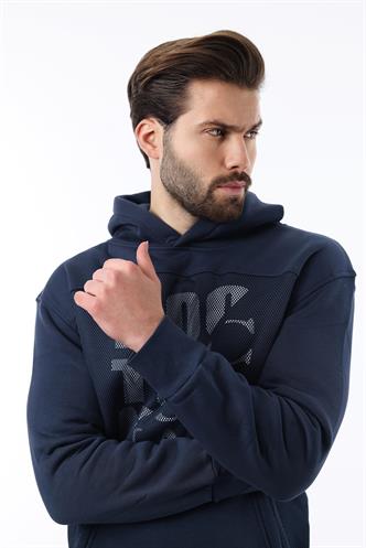 Lacivert Baskılı Kapüşonlu Cep Detaylı Erkek Sweatshirt 7062
