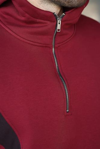 Bordo Fermuarlı Yaka Kapüşonlu Erkek Sweatshirt E7161