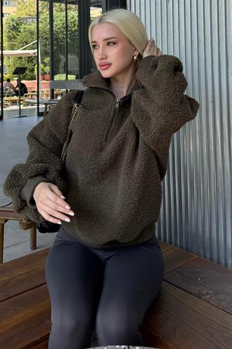 Haki Peluş Fermuar Yaka Sweatshirt MG1413