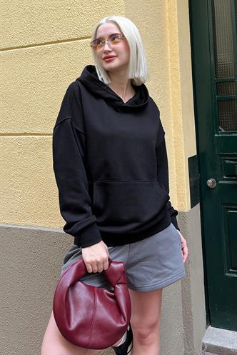 Siyah Kapüşonlu Oversize Cepli Sweatshirt MG2207