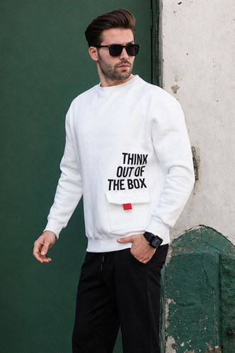 Ekru Bisiklet Yaka Şardonlu Cep Detaylı Baskılı Erkek Sweatshirt 7061