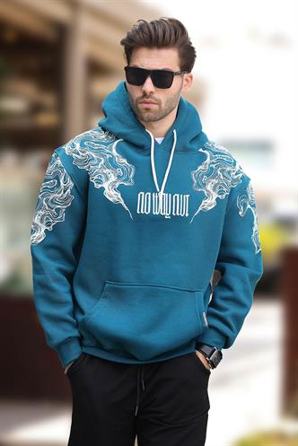 Petrol Mavisi Kapüşonlu Cep Detaylı Baskılı Erkek Sweatshirt 7052