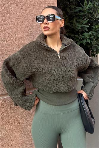 Haki Fermuar Yaka Kürklü Kadın Sweatshirt MG2261