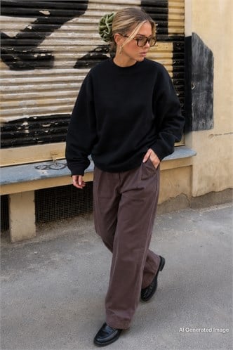 Siyah Bisiklet Yaka Basic Sweatshirt MG2185