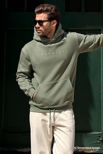 Haki Kapüşonlu Baskılı Erkek Sweatshirt 7077