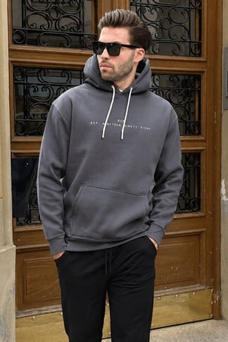 Füme Kapüşonlu Nakış Detaylı Cepli Erkek Sweatshirt 7066