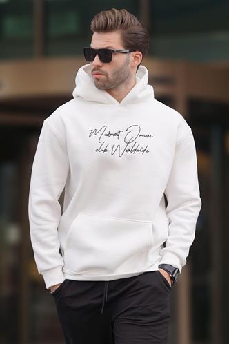 Ekru Kapüşonlu Cep Detaylı Baskılı Erkek Sweatshirt 7064