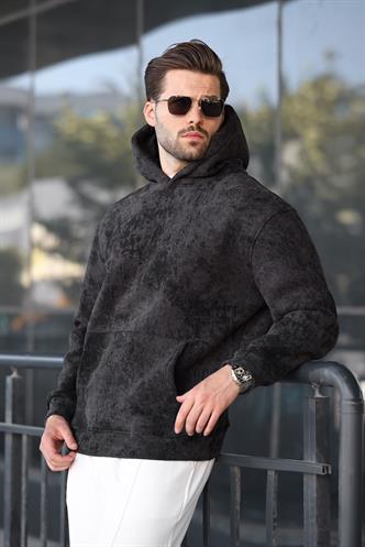 Siyah Desenli Kapüşonlu Erkek Sweatshirt E7167