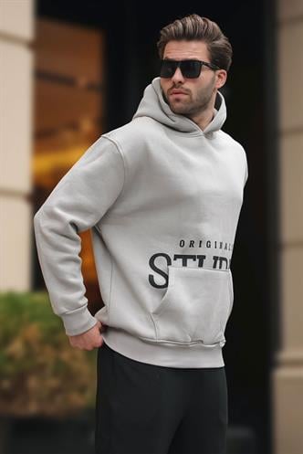 Boyalı Gri Kapüşonlu Baskılı Cep Detaylı Sweatshirt E7076