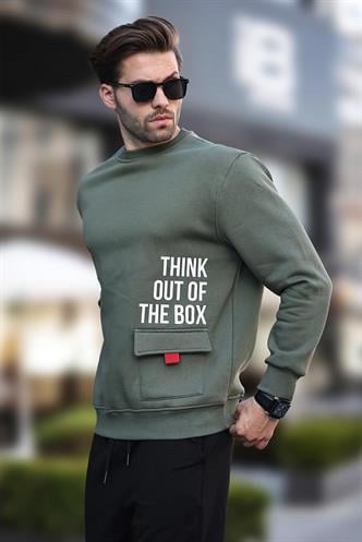 Haki Bisiklet Yaka Şardonlu Cep Detaylı Baskılı Erkek Sweatshirt 7061