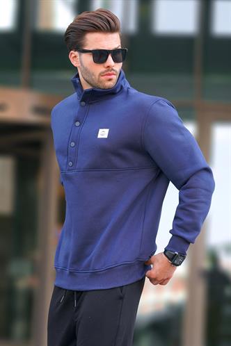 Lacivert Dik Yakalı Düğme Detaylı Erkek Sweatshirt 7060