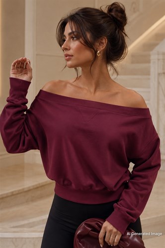 Bordo Kayık Yaka Kadın Sweatshirt MG2239