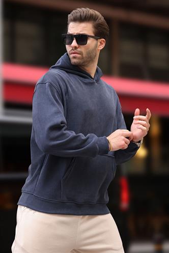 Füme Kapüşonlu Cep Detaylı Dokulu Sweatshirt E7101