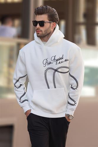 Ekru Baskılı Kapşonlu Cep Detaylı Erkek Sweatshirt 7067