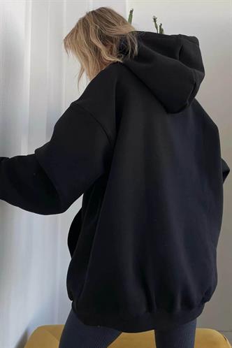 Koyu Siyah Kapüşonlu Şardonlu Oversize Sweatshirt MG1566