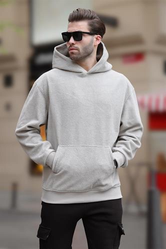 Boyalı Gri Kapüşonlu Cep Detaylı Polar Erkek Sweatshirt 7093