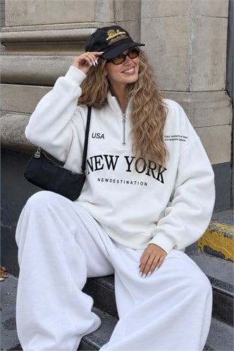 Ekru Yarım Fermuarlı Baskılı Sweatshirt MG2240