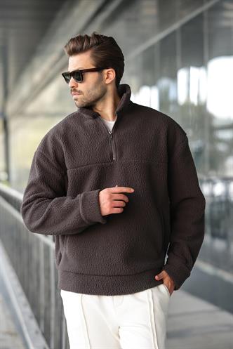 Füme Yarım Fermuarlı Dik Yaka Polar Sweatshirt E7165