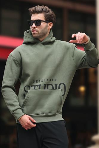 Haki Kapüşonlu Baskılı Cep Detaylı Sweatshirt E7076
