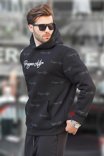 Siyah Baskılı Kapşonlu Cep Detaylı Erkek Sweatshirt 7075