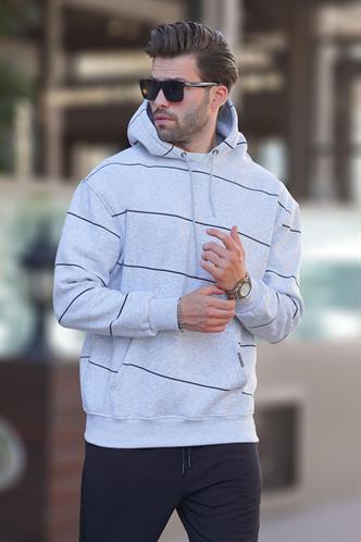Karmelanj Kapüşonlu Cep Detaylı Çizgili Erkek Sweatshirt 7063