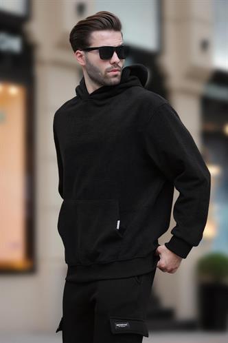Siyah Kapüşonlu Cep Detaylı Polar Erkek Sweatshirt 7093