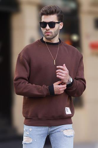 Acı Kahverengi Bisiklet Yaka Oversize Şardonlu Arma Detaylı Erkek Sweatshirt 7043