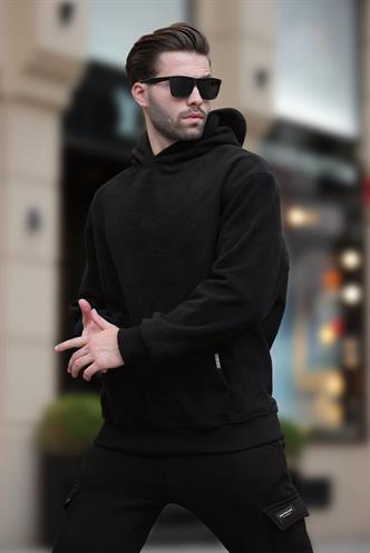 Siyah Kapüşonlu Cep Detaylı Polar Erkek Sweatshirt 7093