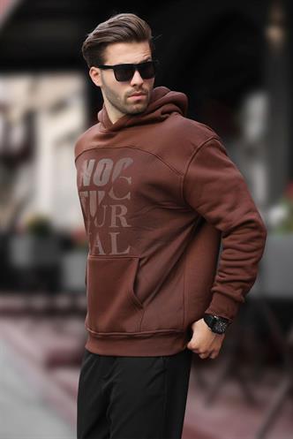 Acı Kahverengi Baskılı Kapüşonlu Cep Detaylı Erkek Sweatshirt 7062