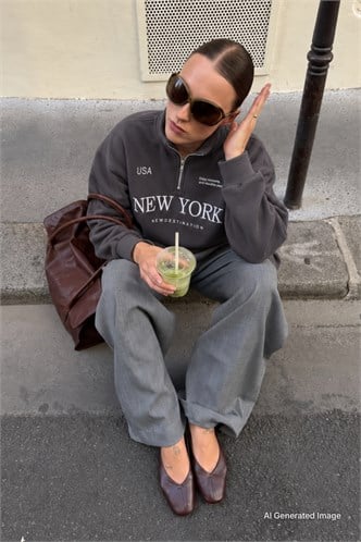 Füme Yarım Fermuarlı Baskılı Sweatshirt MG2240