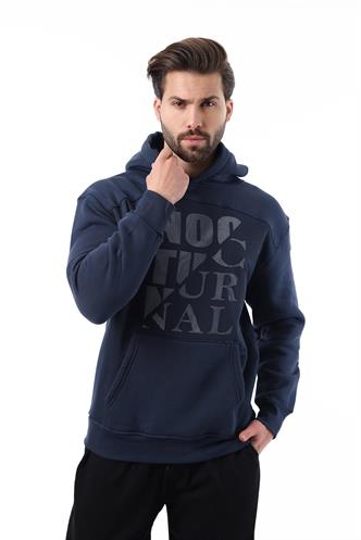 Lacivert Baskılı Kapüşonlu Cep Detaylı Erkek Sweatshirt 7062