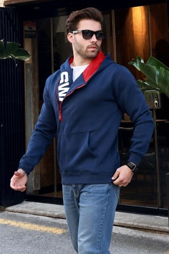 Madmext Lacivert Fermuar Detaylı Kapüşonlu Sweatshirt 1767