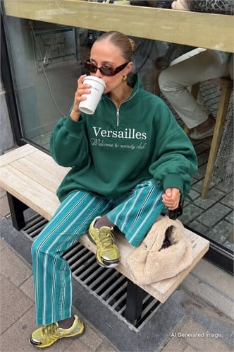 Yeşil Yarım Fermuarlı Baskılı Sweatshirt MG2240