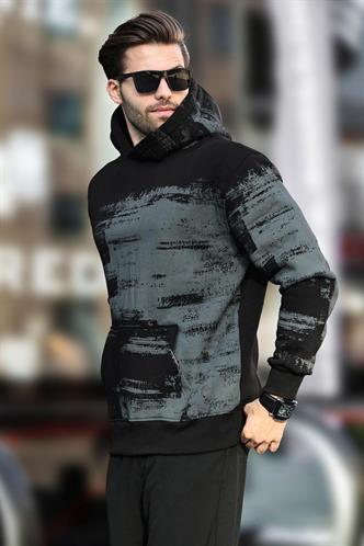 Siyah Kapüşonlu Desenli Cep Detaylı Erkek Sweatshirt 7059
